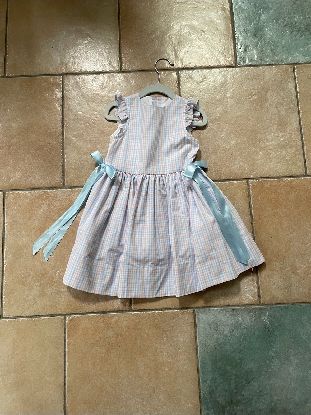 Girls' Pastel Check Ruffle Sleeve Dress with Blue Sashes